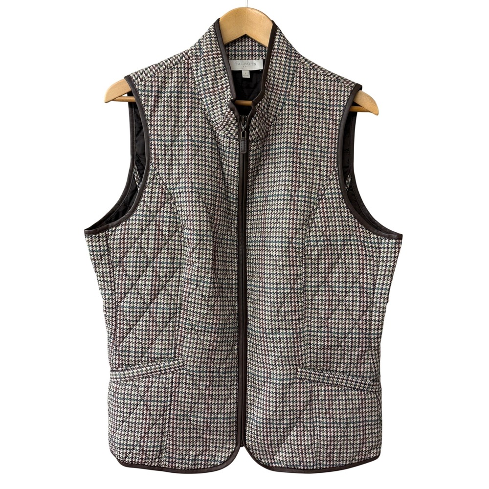 Talbots Womens Brown Houndstooth Quilted Vest Size L Zip Mock Neck Equestrian